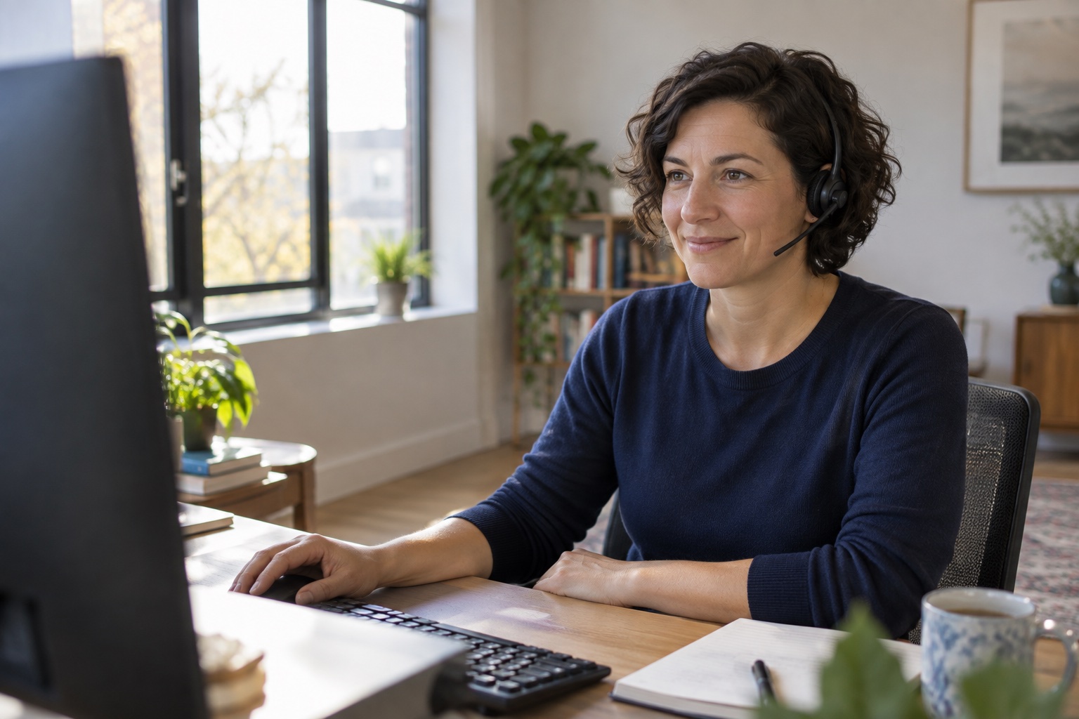 Illustrative remote attendant helping from her workspace